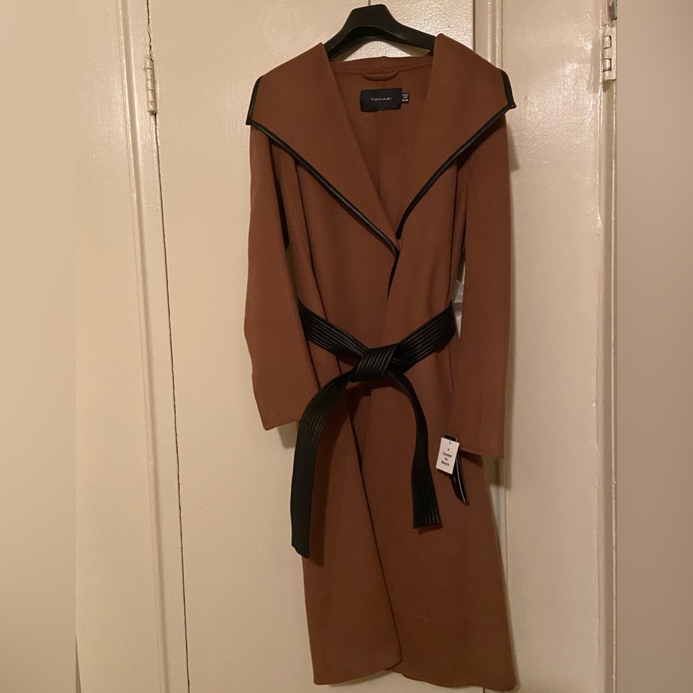 Women's Faux-Leather-Trim Belted Wrap Coat